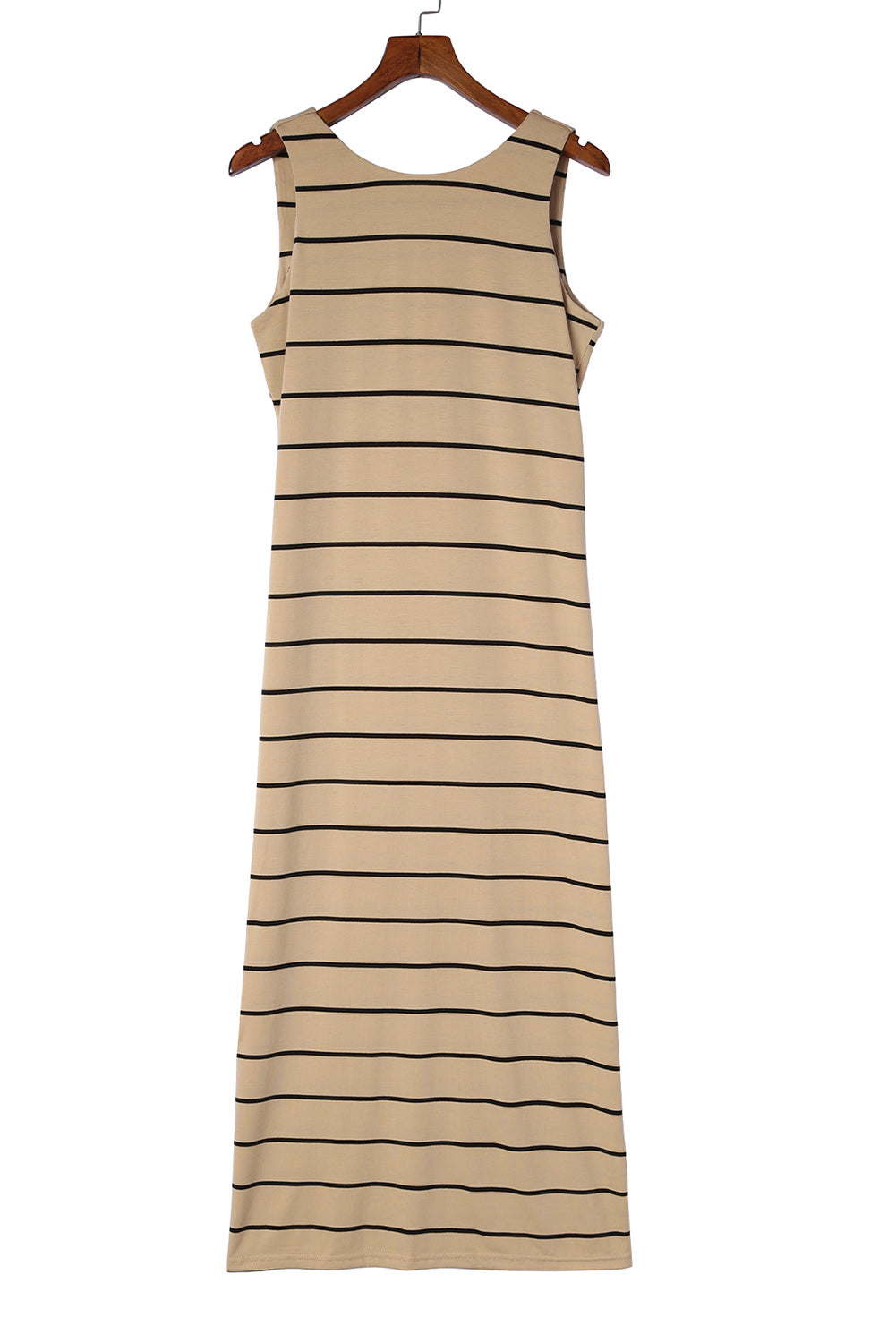 Khaki Striped Backless Casual Side Slits Maxi Dress 