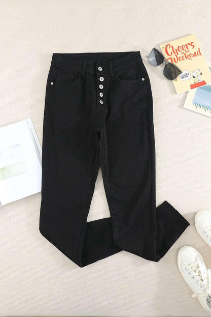Black Buttons Frayed Cropped High Waisted Jeans - Vesteeto