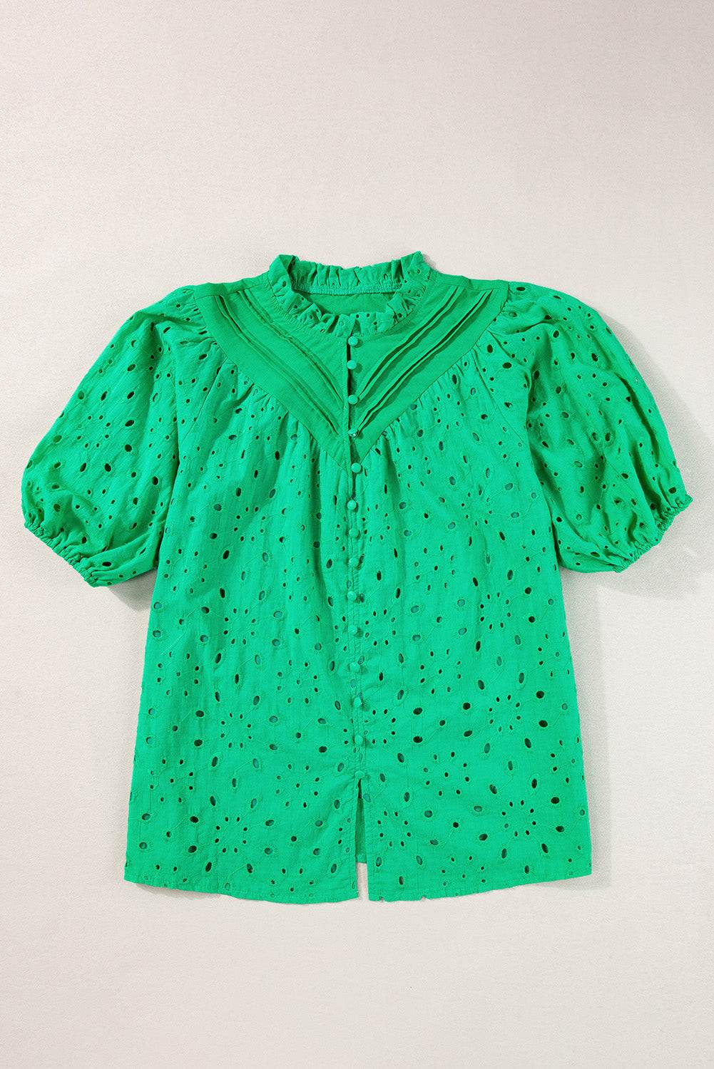 Green Flower Hollow-out Short Puff Sleeve Blouse 