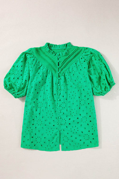 Green Flower Hollow-out Short Puff Sleeve Blouse 