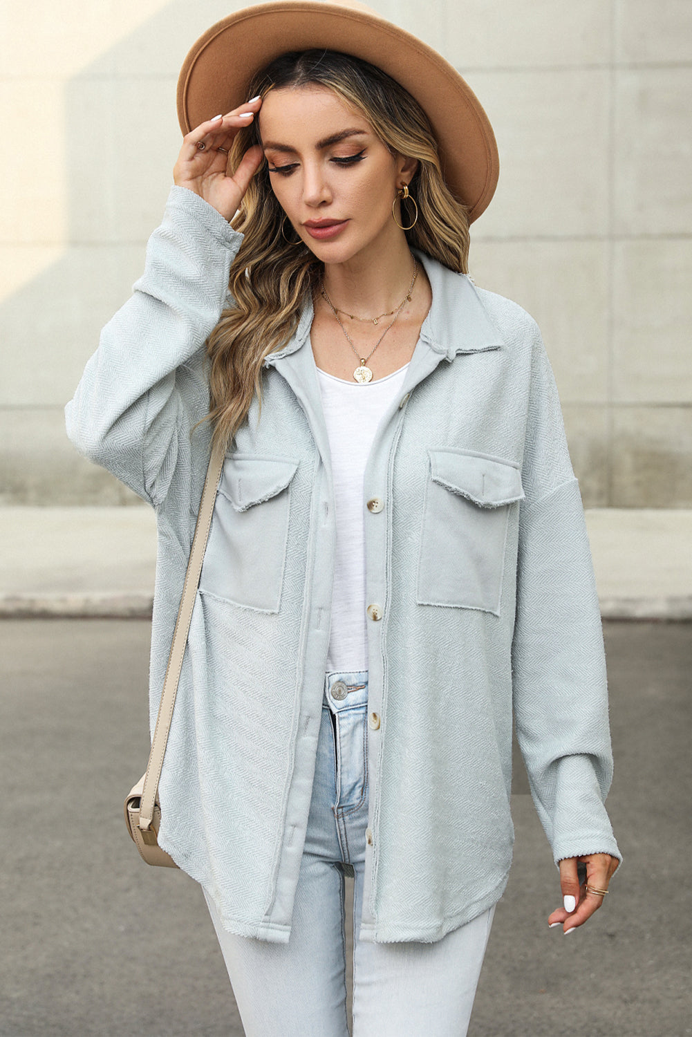 Grey Solid Color Textured Button Up Shirt Shacket with Pockets 