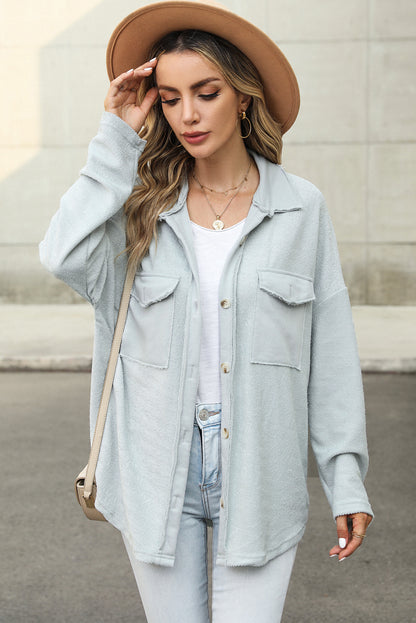 Grey Solid Color Textured Button Up Shirt Shacket with Pockets 