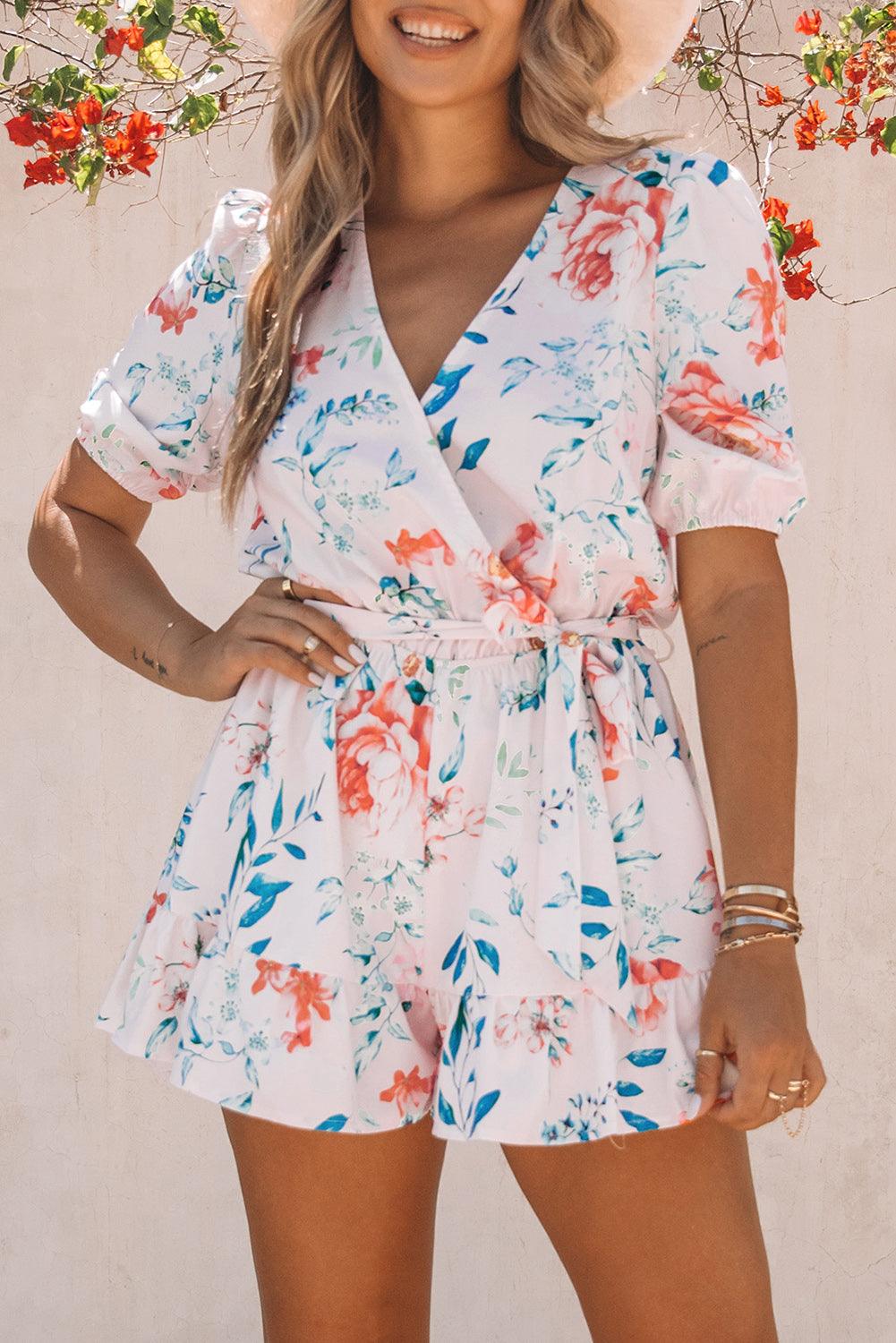 White Floral Print Puff Sleeves Belted Romper - Vesteeto