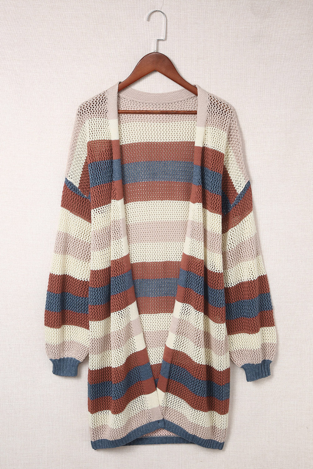 Green Striped Color Block Casual Cutout Knit Cardigan 