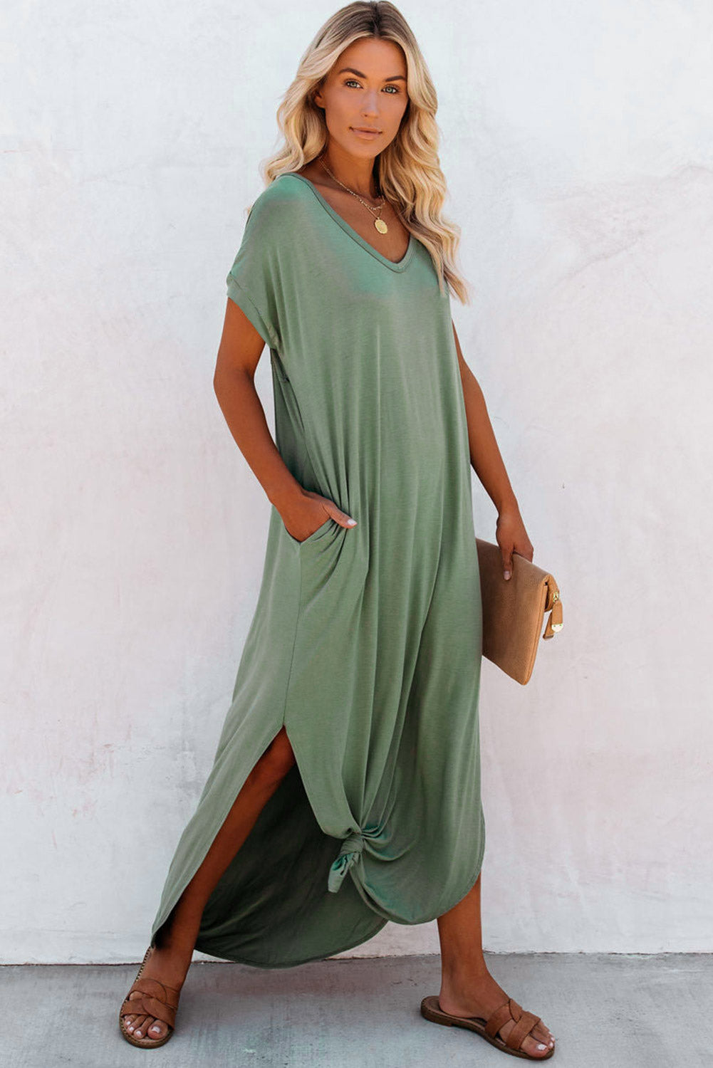 Grass Green Solid Color Hidden Pocket V Neck Slit Maxi Dress 