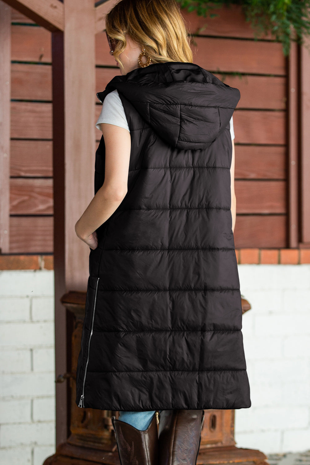 Dark Grey Hooded Pocketed Quilted Long Vest Coat 