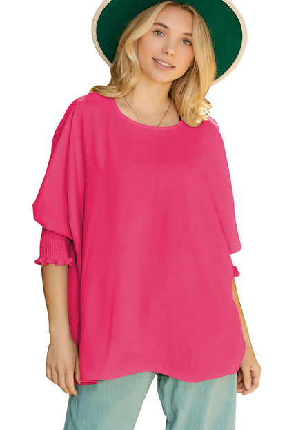 Pink Casual Shirred Cuffs Half Sleeve Blouse 