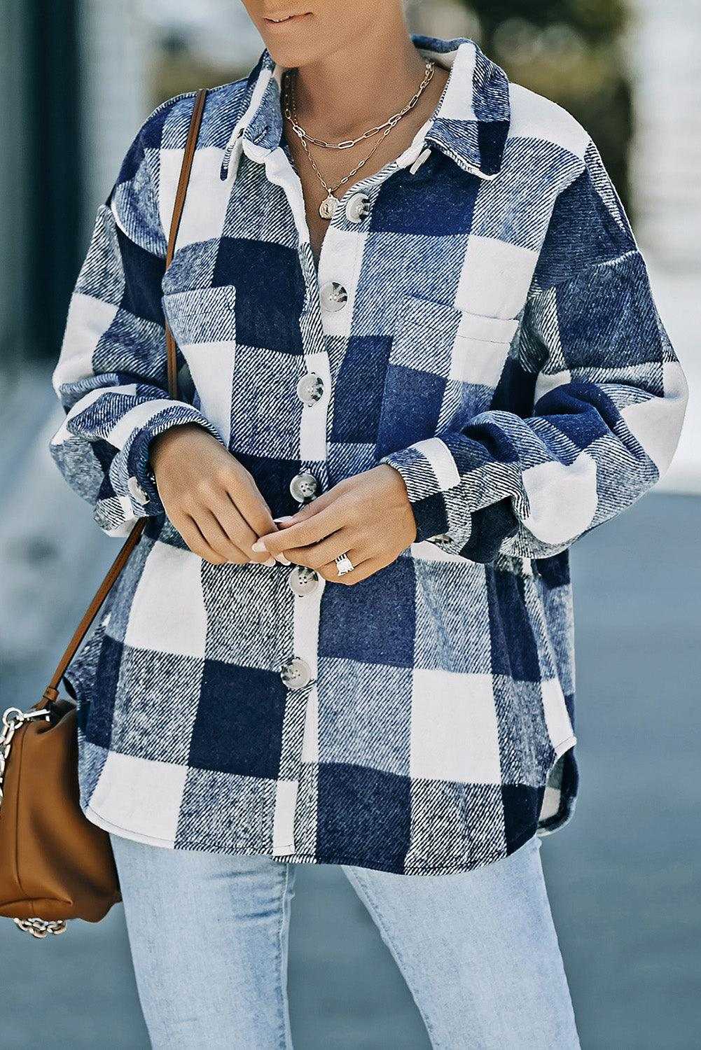 Plaid Color Block Buttoned Pocket Long Sleeve Shacket 