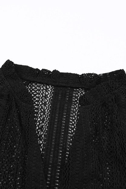 White Notch Neck Button Down Raglan Sleeve Crochet Top - Vesteeto
