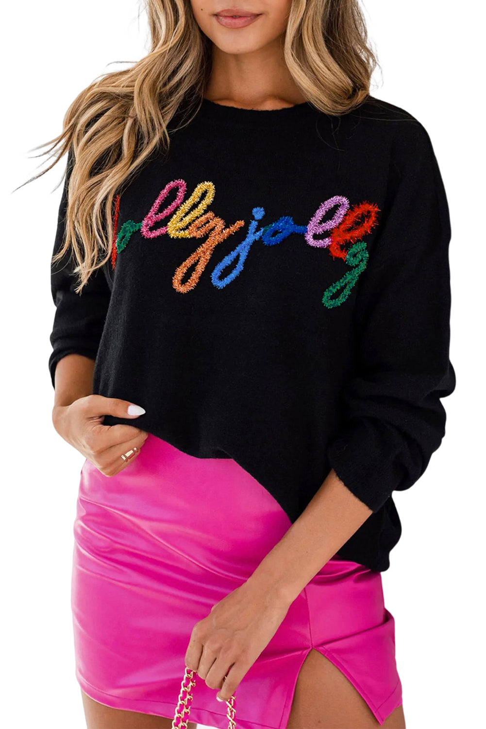 White Glitter Merry & Bright Round Neck Knit Sweater 