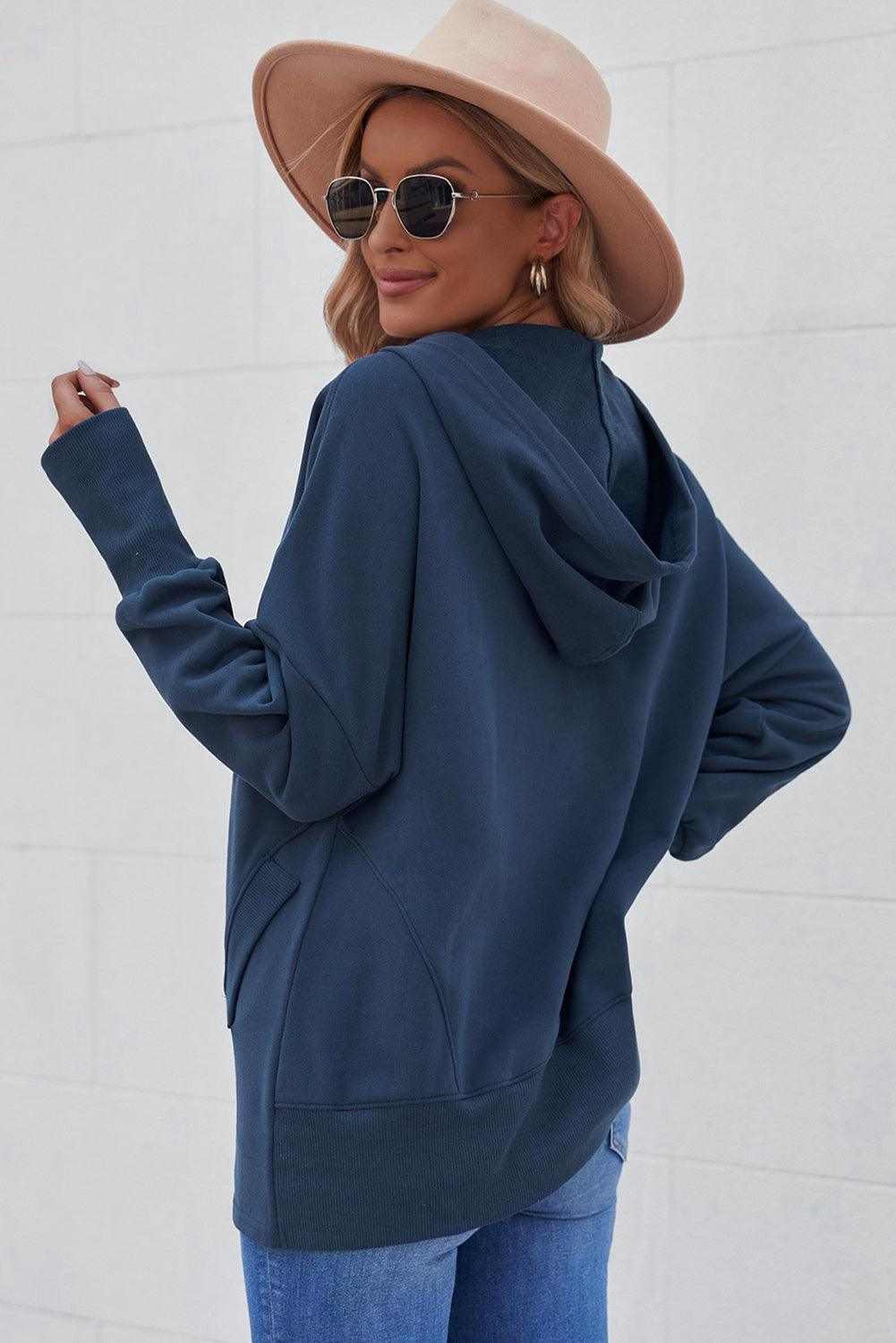 Light Blue Casual Batwing Sleeve Pocket Henley Hoodie 