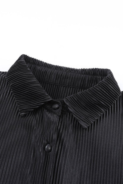 Black Plain Button Up Shirt and High Waisted Shorts Loungewear Set - Vesteeto