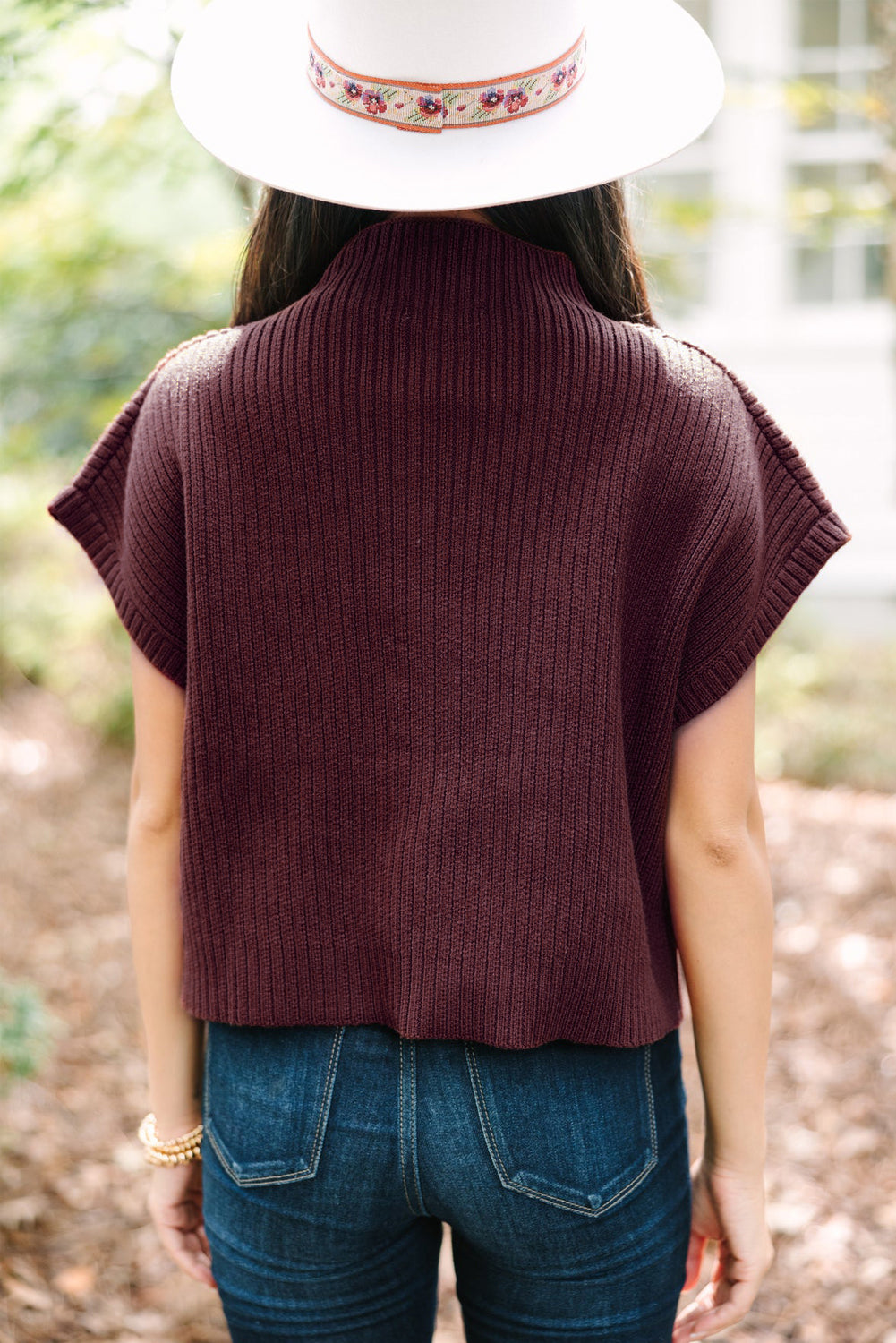 Pink Patch Pocket Ribbed Knit Short Sleeve Sweater 