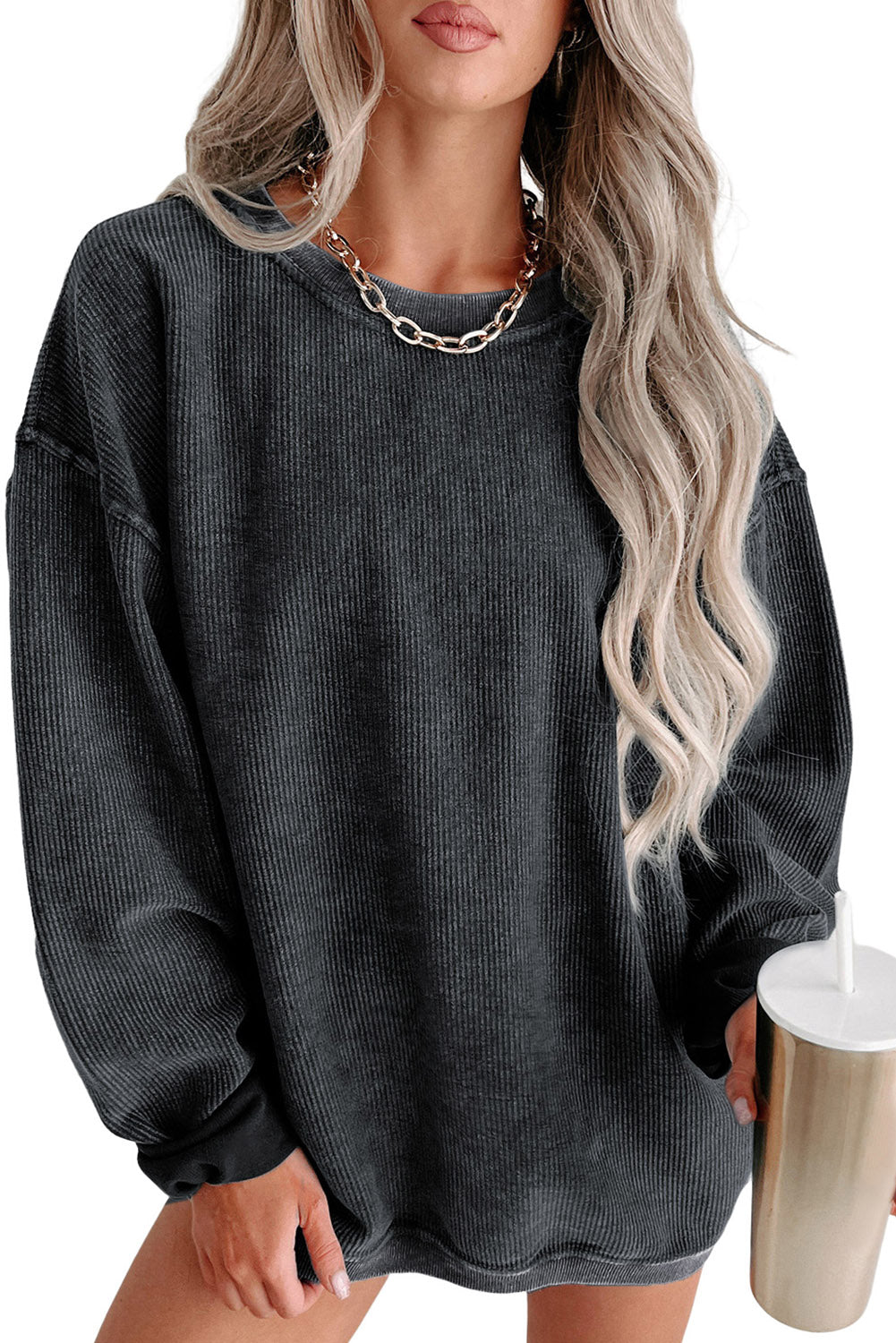 Pink Solid Ribbed Round Neck Pullover Sweatshirt 