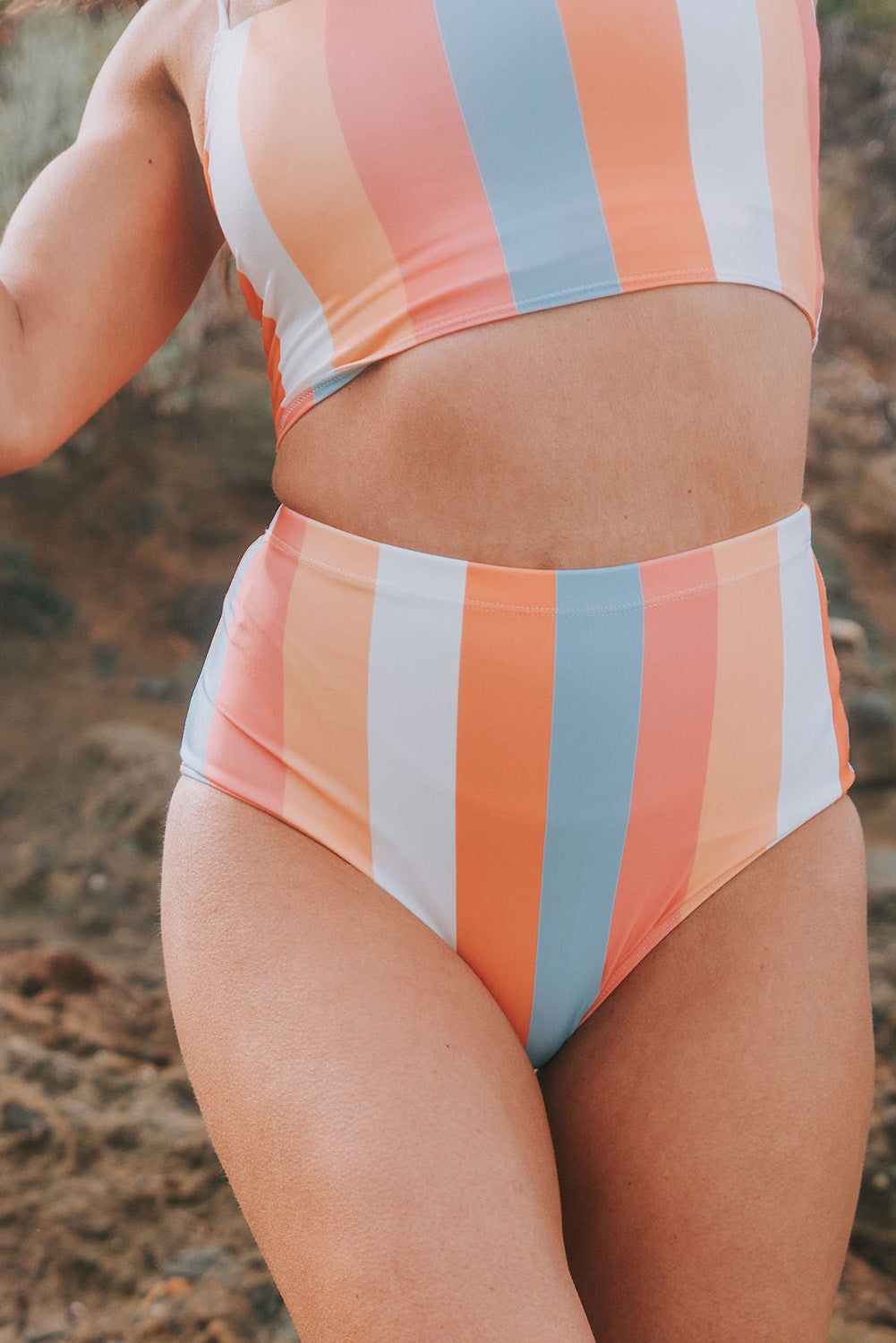 Orange Striped Colorblock High Waist Two Piece Swimsuit