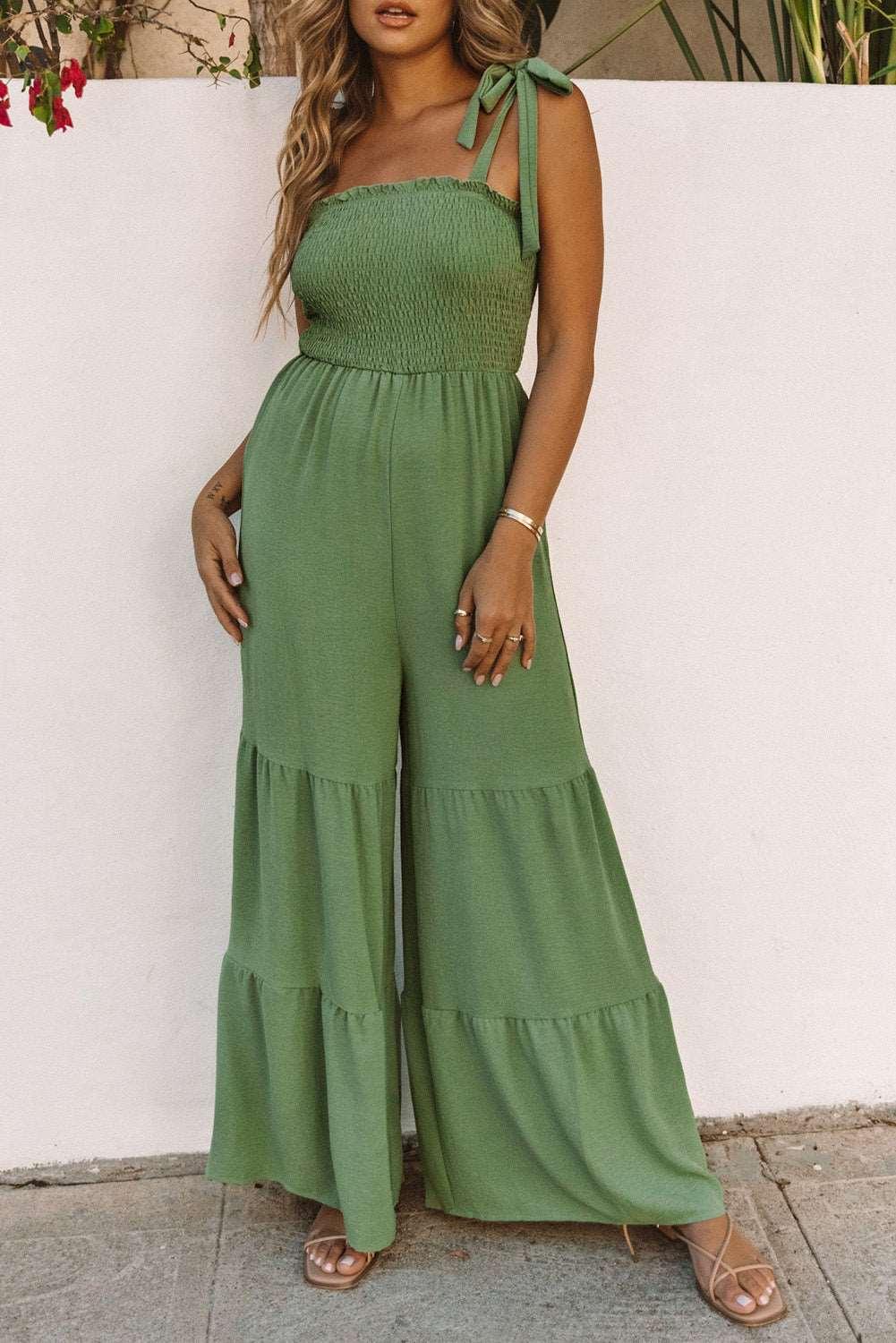 Apricot Tie Straps Shirred Casual Tiered Wide Leg Jumpsuit - Vesteeto