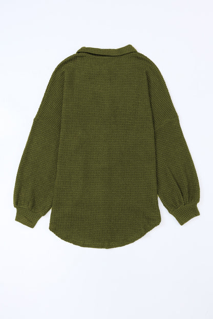 Green Waffle Knit Pocket Button Front Shacket 