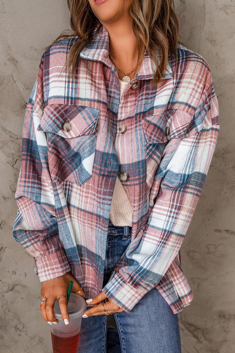 Pink & Grey Plaid Button Up Collared Flannel Shacket - Vesteeto