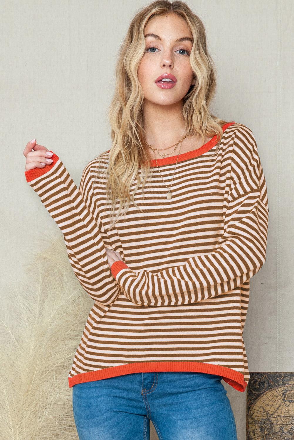 Striped Colorblock Trim Knit Pullover Sweater 