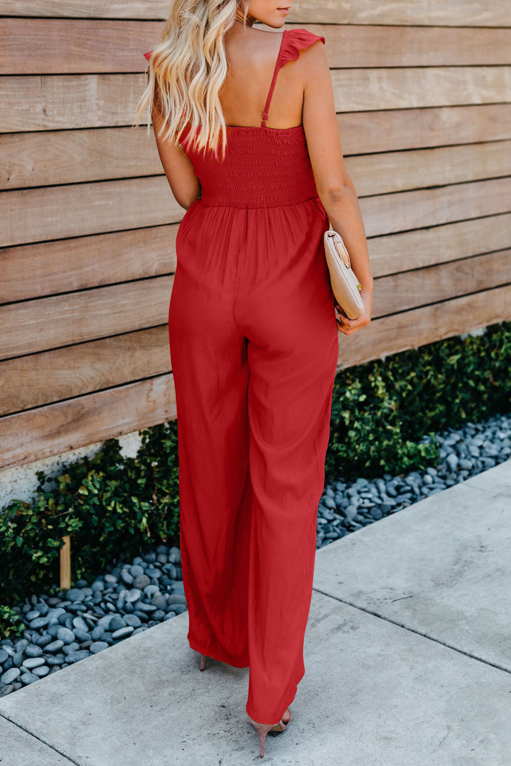 White Smocked Ruffle Strap Pocket Wide Leg Jumpsuit 