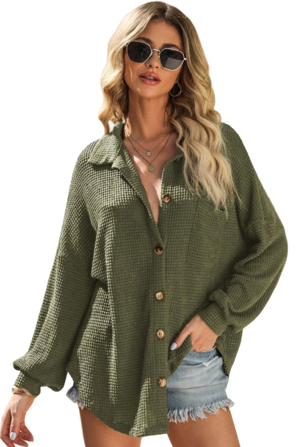 Green Waffle Knit Pocket Button Front Shacket 