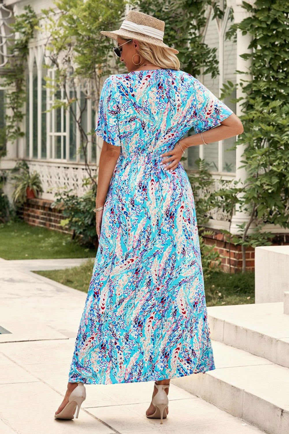 Abstract Botanic Print Wrap V Neck Short Sleeve Maxi Dress - Vesteeto