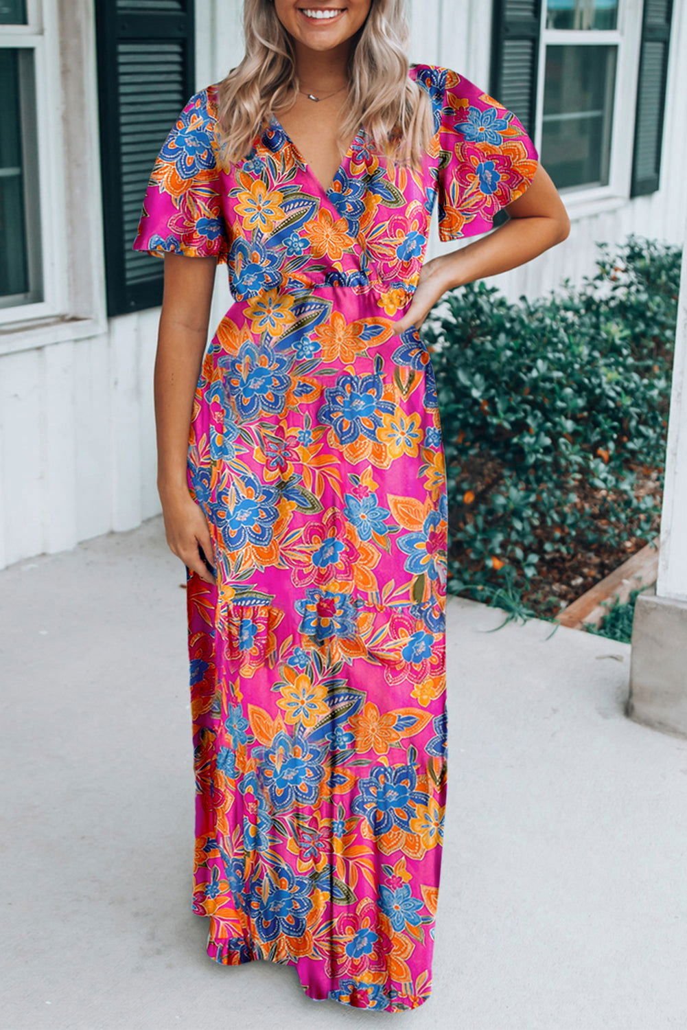 Abstract Botanic Print Wrap V Neck Short Sleeve Maxi Dress - Vesteeto