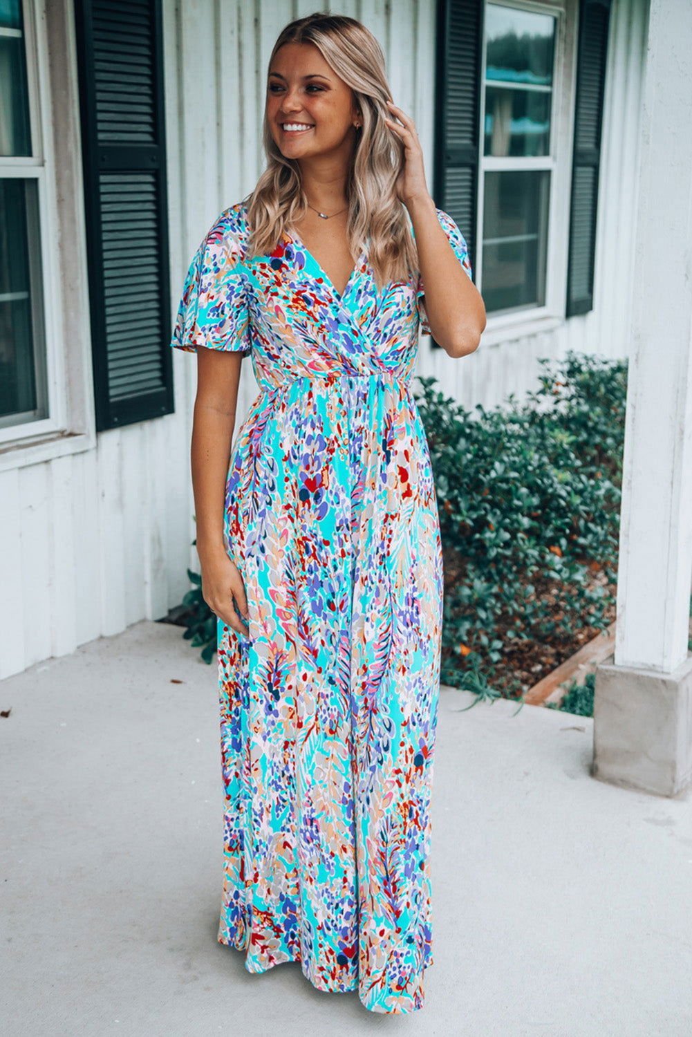 Abstract Botanic Print Wrap V Neck Short Sleeve Maxi Dress - Vesteeto