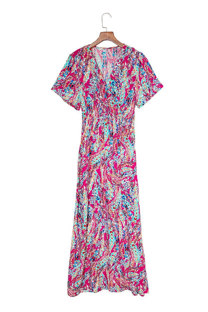 Abstract Botanic Print Wrap V Neck Short Sleeve Maxi Dress - Vesteeto