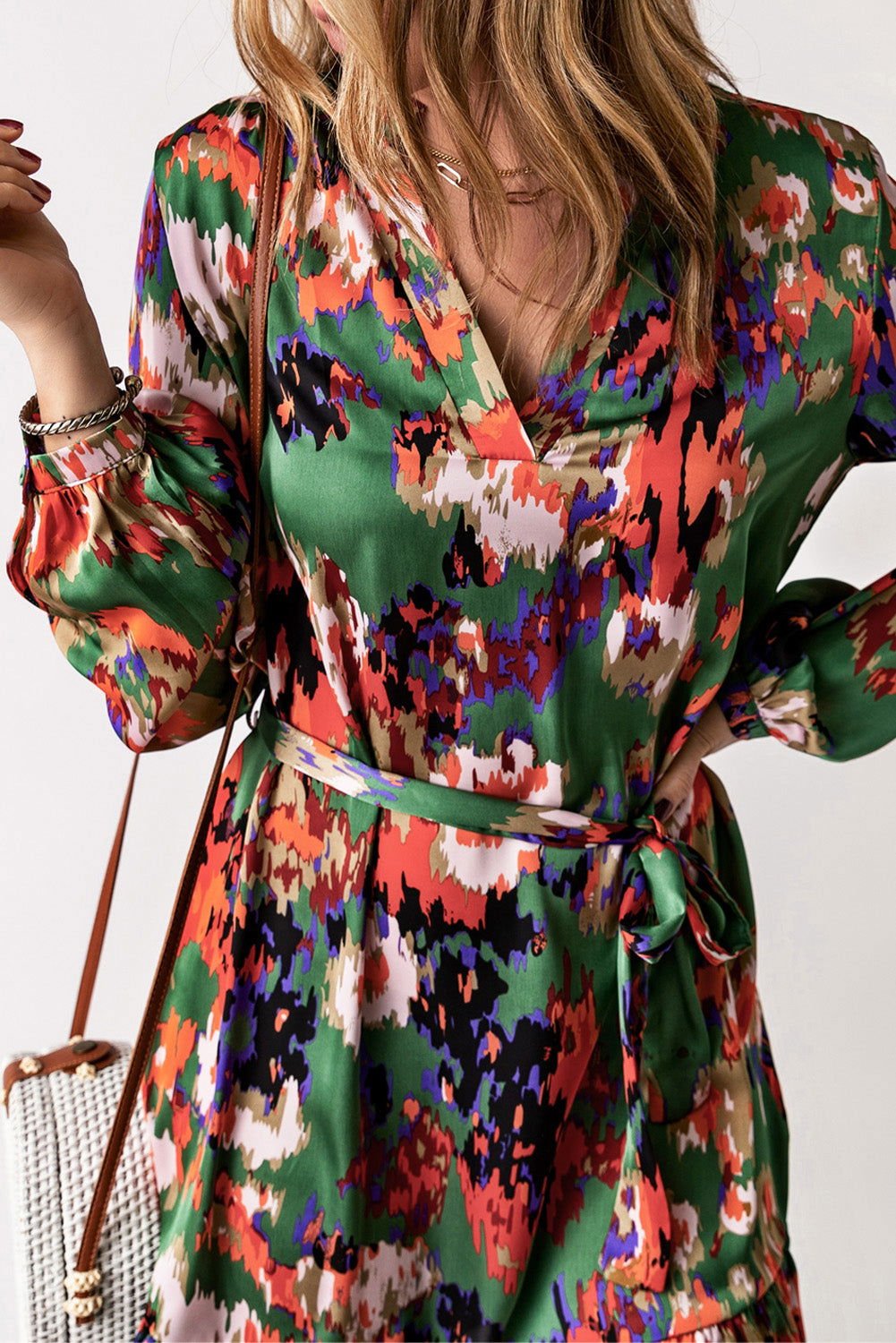 Abstract Print Waist Belted Flounce Hem Split V Neck Long Sleeve Dress - Vesteeto