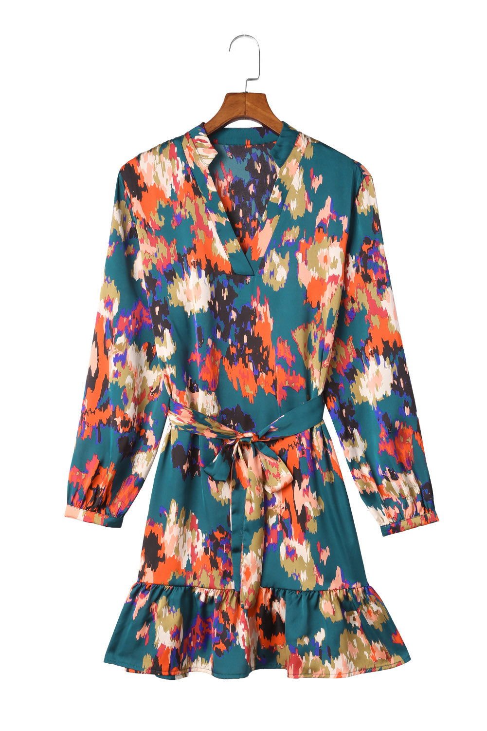 Abstract Print Waist Belted Flounce Hem Split V Neck Long Sleeve Dress - Vesteeto