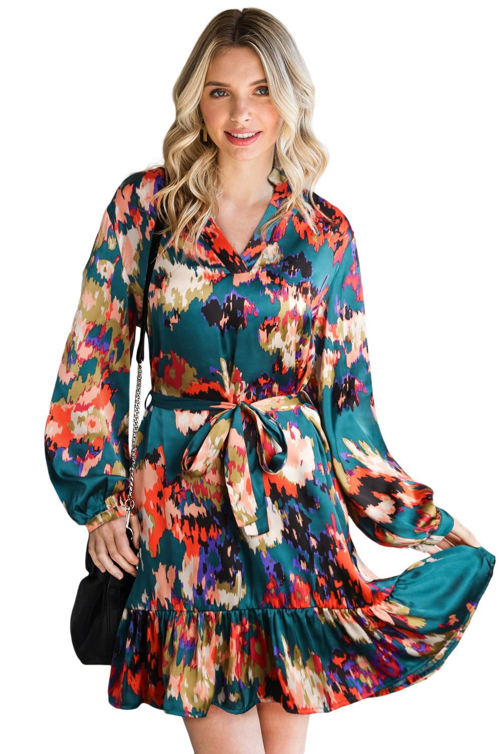 Abstract Print Waist Belted Flounce Hem Split V Neck Long Sleeve Dress - Vesteeto