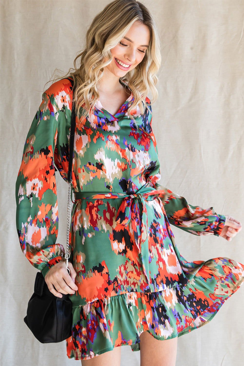 Abstract Print Waist Belted Flounce Hem Split V Neck Long Sleeve Dress - Vesteeto