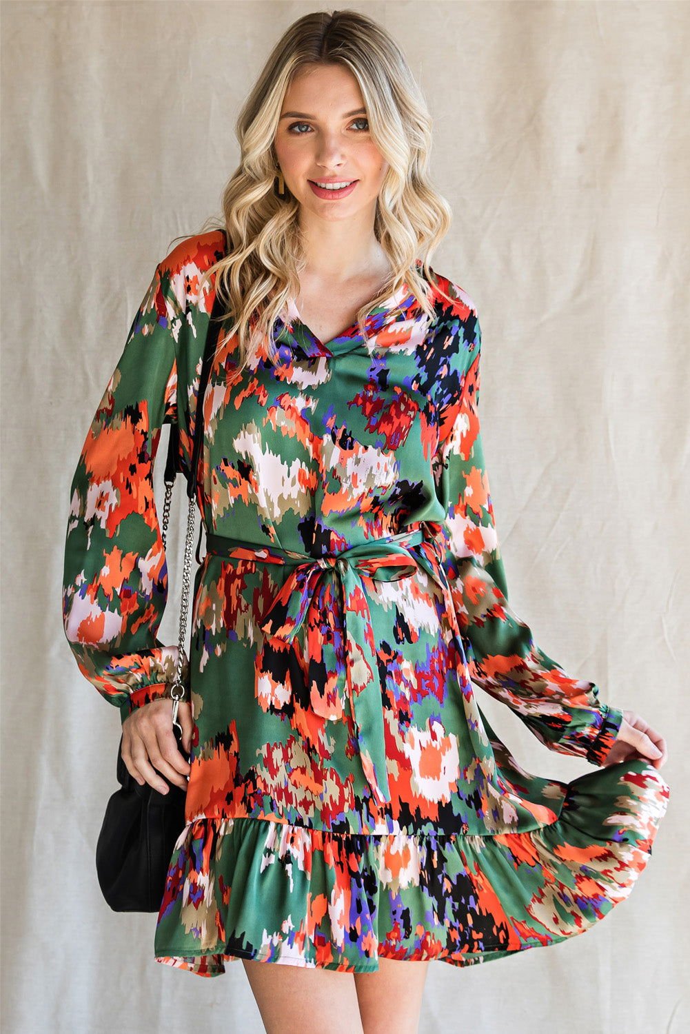 Abstract Print Waist Belted Flounce Hem Split V Neck Long Sleeve Dress - Vesteeto