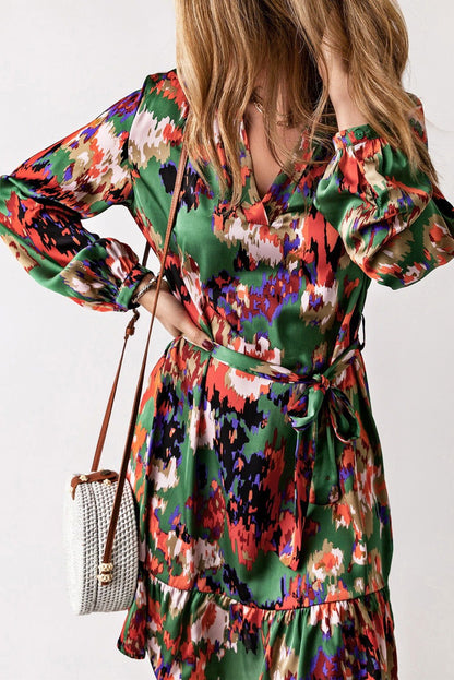 Abstract Print Waist Belted Flounce Hem Split V Neck Long Sleeve Dress - Vesteeto