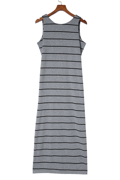 Khaki Striped Backless Casual Side Slits Maxi Dress 