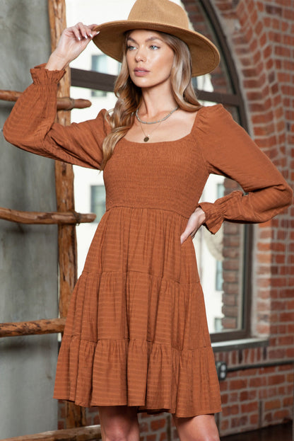 Brown Long Sleeve Smocked Tiered Boho Dress 