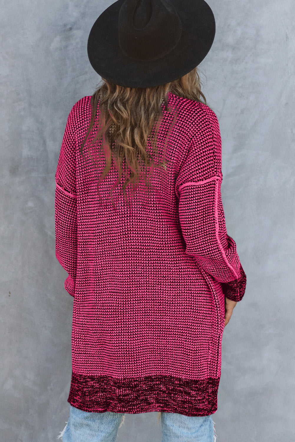 Pink Plaid Contrast Trim Casual Knit Long Cardigan 