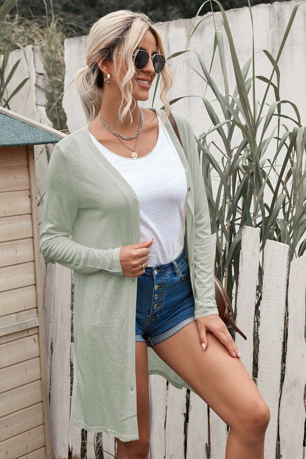 White Solid Button Up V Neck Long Cover Up 