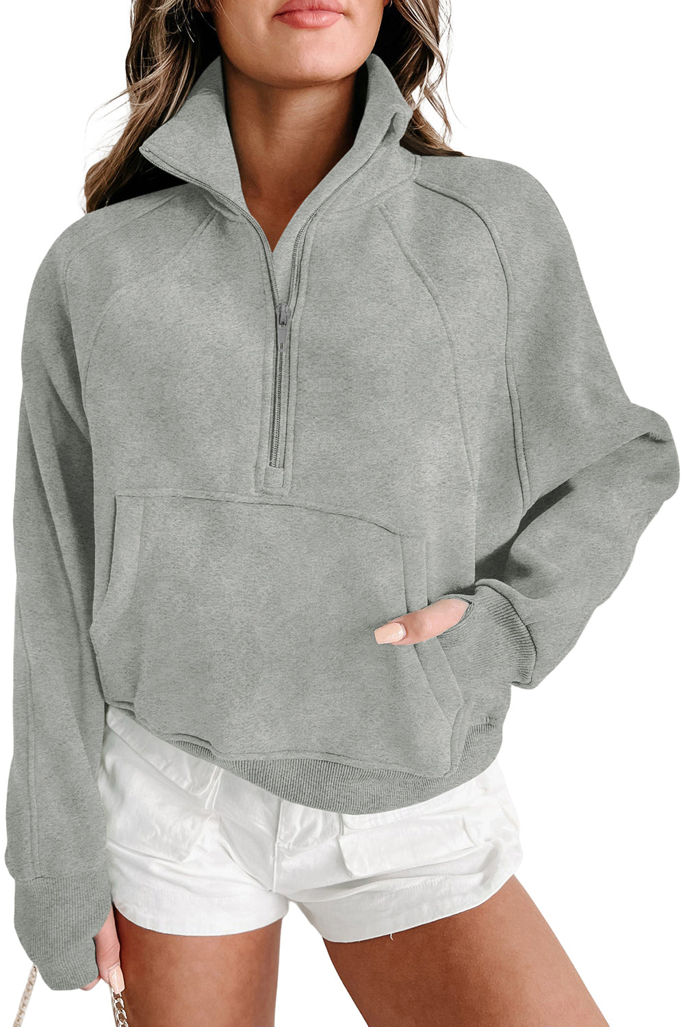 Smoke Green Zip Up Stand Collar Ribbed Thumbhole Sleeve Sweatshirt 