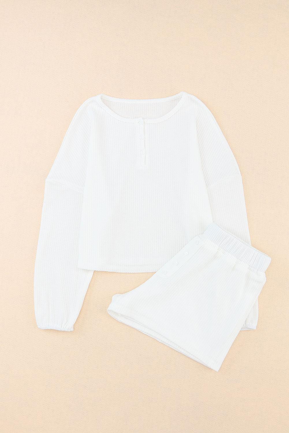 White Waffle Knit Buttoned Long Sleeve Crop & Shorts Lounge Set - Vesteeto