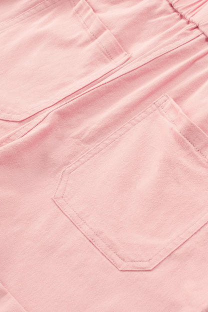 Pink Button Up Short Sleeve Denim Romper with Pockets - Vesteeto