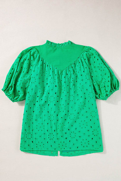 Green Flower Hollow-out Short Puff Sleeve Blouse 