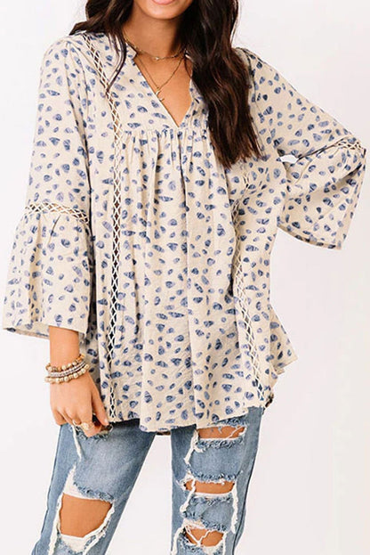 Animal Spot Print Boho Notch Neck 3/4 Sleeve Peasant Blouse - Vesteeto