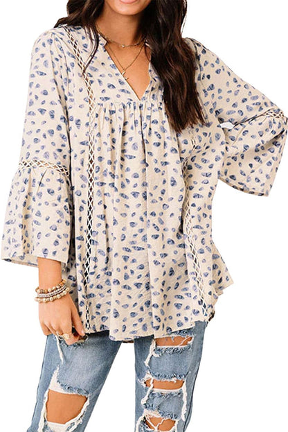 Animal Spot Print Boho Notch Neck 3/4 Sleeve Peasant Blouse - Vesteeto