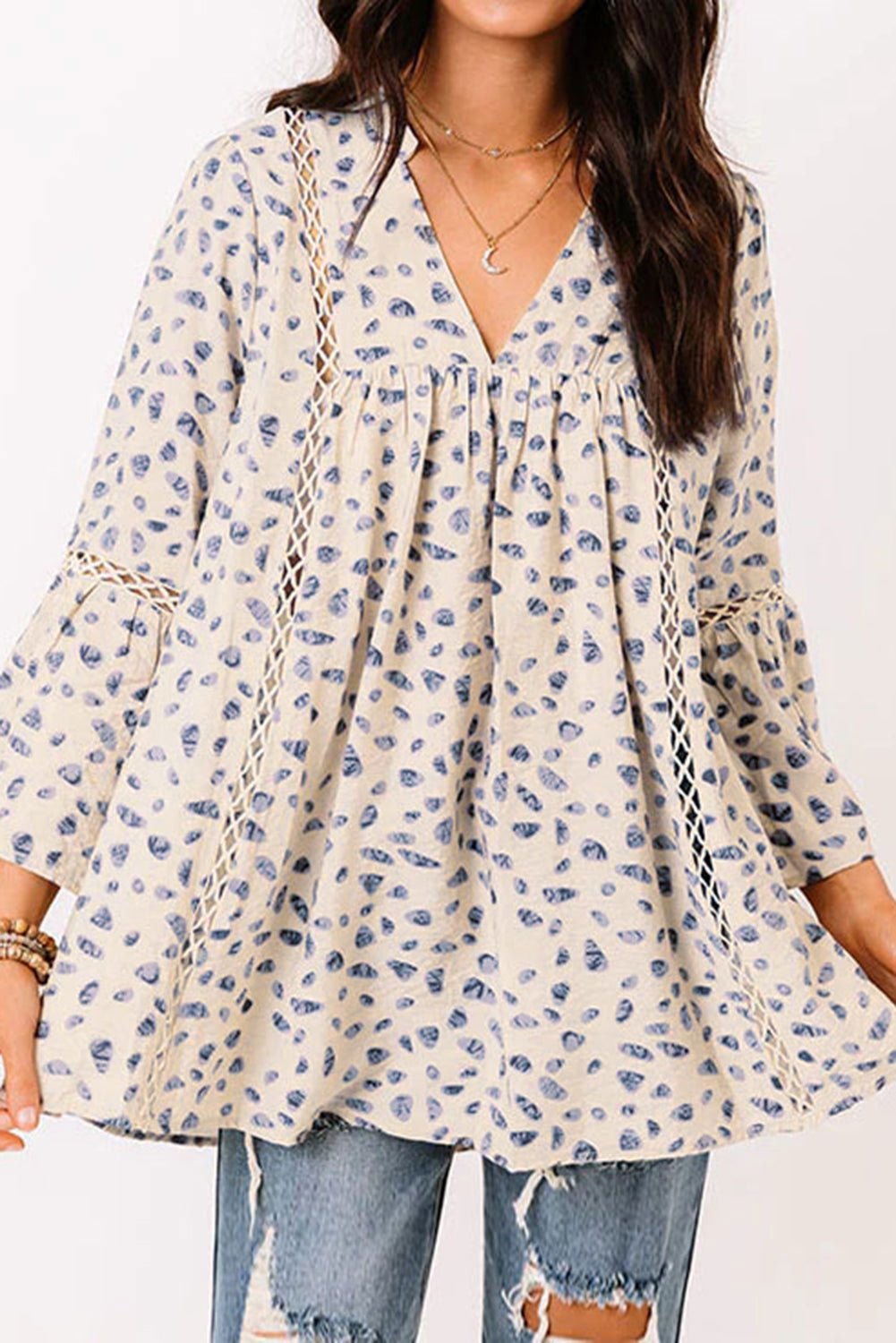 Animal Spot Print Boho Notch Neck 3/4 Sleeve Peasant Blouse - Vesteeto