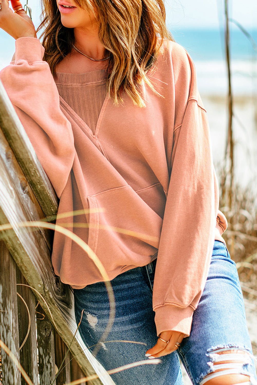 Apricot Basic Kangaroo Pocket Pullover Sweatshirt - Vesteeto