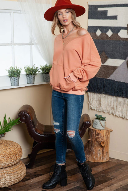 Apricot Basic Kangaroo Pocket Pullover Sweatshirt - Vesteeto