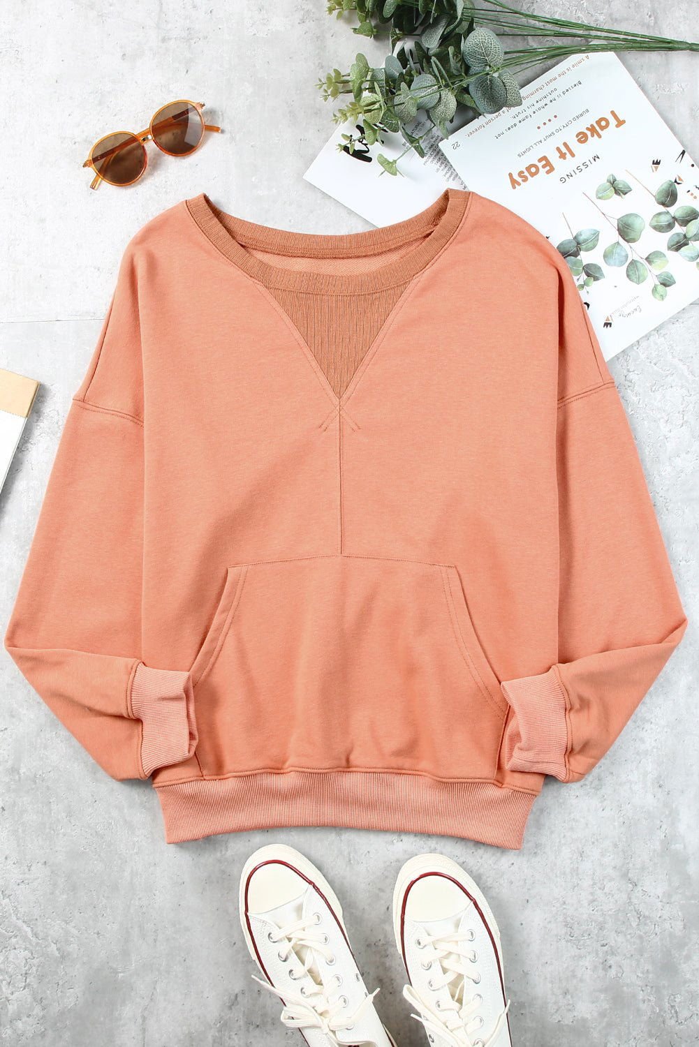 Apricot Basic Kangaroo Pocket Pullover Sweatshirt - Vesteeto