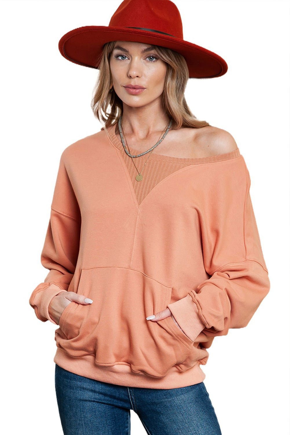 Apricot Basic Kangaroo Pocket Pullover Sweatshirt - Vesteeto